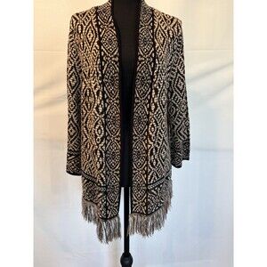 Ruby Rd. Black Beige Geometric Knit Open Front Fringe Hem Cardigan XL